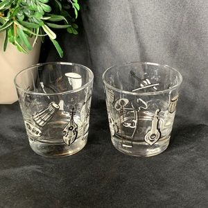 2 vintage MCM Libbey musical instrument rocks / old fashioned / whiskey glasses